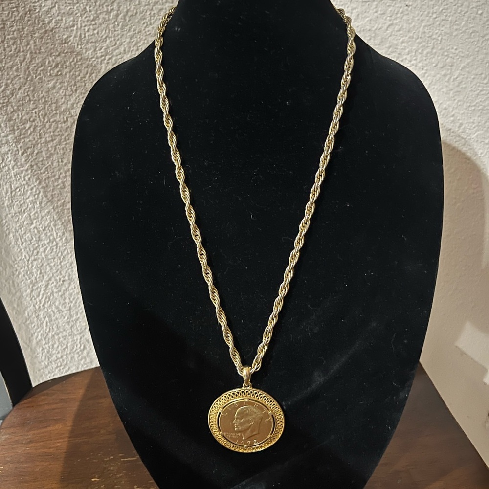 Gold Rope Chain Necklace with Coin Pendant